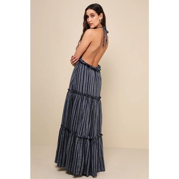LULUS Women's Vacay Babe Navy Blue Striped Halter Maxi Dress Size M - Picture 3 of 11